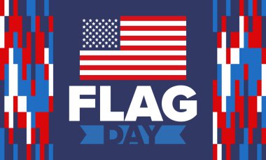 ABD 'de Ulusal Bayrak Günü. ABD 'de yıllık 14 Haziran tatili kutlandı. Amerikan bayrağıyla vatansever tarzı tasarım. Poster, tebrik kartı, afiş ve geçmiş. Vektör illüstrasyonu