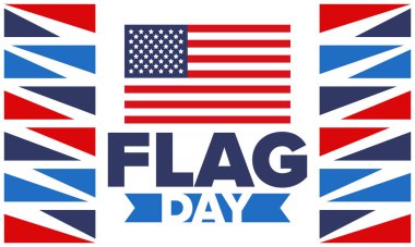 ABD 'de Ulusal Bayrak Günü. ABD 'de yıllık 14 Haziran tatili kutlandı. Amerikan bayrağıyla vatansever tarzı tasarım. Poster, tebrik kartı, afiş ve geçmiş. Vektör illüstrasyonu