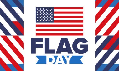 ABD 'de Ulusal Bayrak Günü. ABD 'de yıllık 14 Haziran tatili kutlandı. Amerikan bayrağıyla vatansever tarzı tasarım. Poster, tebrik kartı, afiş ve geçmiş. Vektör illüstrasyonu