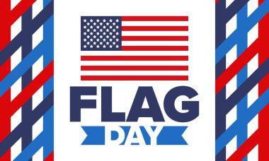 ABD 'de Ulusal Bayrak Günü. ABD 'de yıllık 14 Haziran tatili kutlandı. Amerikan bayrağıyla vatansever tarzı tasarım. Poster, tebrik kartı, afiş ve geçmiş. Vektör illüstrasyonu