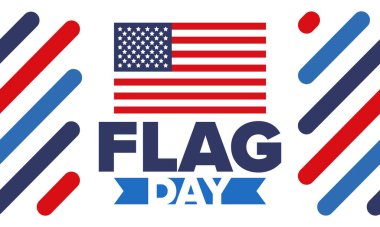 ABD 'de Ulusal Bayrak Günü. ABD 'de yıllık 14 Haziran tatili kutlandı. Amerikan bayrağıyla vatansever tarzı tasarım. Poster, tebrik kartı, afiş ve geçmiş. Vektör illüstrasyonu