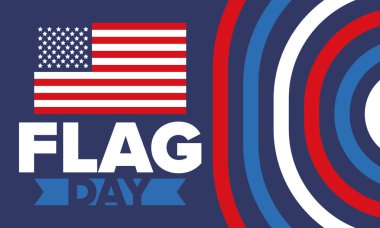 ABD 'de Ulusal Bayrak Günü. ABD 'de yıllık 14 Haziran tatili kutlandı. Amerikan bayrağıyla vatansever tarzı tasarım. Poster, tebrik kartı, afiş ve geçmiş. Vektör illüstrasyonu