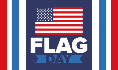 ABD 'de Ulusal Bayrak Günü. ABD 'de yıllık 14 Haziran tatili kutlandı. Amerikan bayrağıyla vatansever tarzı tasarım. Poster, tebrik kartı, afiş ve geçmiş. Vektör illüstrasyonu