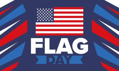 ABD 'de Ulusal Bayrak Günü. ABD 'de yıllık 14 Haziran tatili kutlandı. Amerikan bayrağıyla vatansever tarzı tasarım. Poster, tebrik kartı, afiş ve geçmiş. Vektör illüstrasyonu