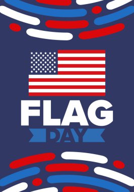 ABD 'de Ulusal Bayrak Günü. ABD 'de yıllık 14 Haziran tatili kutlandı. Amerikan bayrağıyla vatansever tarzı tasarım. Poster, tebrik kartı, afiş ve geçmiş. Vektör illüstrasyonu