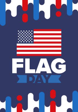 ABD 'de Ulusal Bayrak Günü. ABD 'de yıllık 14 Haziran tatili kutlandı. Amerikan bayrağıyla vatansever tarzı tasarım. Poster, tebrik kartı, afiş ve geçmiş. Vektör illüstrasyonu