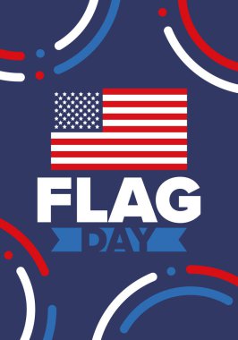 ABD 'de Ulusal Bayrak Günü. ABD 'de yıllık 14 Haziran tatili kutlandı. Amerikan bayrağıyla vatansever tarzı tasarım. Poster, tebrik kartı, afiş ve geçmiş. Vektör illüstrasyonu