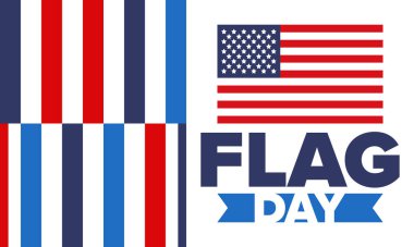 ABD 'de Ulusal Bayrak Günü. ABD 'de yıllık 14 Haziran tatili kutlandı. Amerikan bayrağıyla vatansever tarzı tasarım. Poster, tebrik kartı, afiş ve geçmiş. Vektör illüstrasyonu