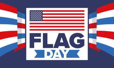 ABD 'de Ulusal Bayrak Günü. ABD 'de yıllık 14 Haziran tatili kutlandı. Amerikan bayrağıyla vatansever tarzı tasarım. Poster, tebrik kartı, afiş ve geçmiş. Vektör illüstrasyonu