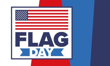 ABD 'de Ulusal Bayrak Günü. ABD 'de yıllık 14 Haziran tatili kutlandı. Amerikan bayrağıyla vatansever tarzı tasarım. Poster, tebrik kartı, afiş ve geçmiş. Vektör illüstrasyonu