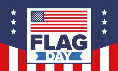 ABD 'de Ulusal Bayrak Günü. ABD 'de yıllık 14 Haziran tatili kutlandı. Amerikan bayrağıyla vatansever tarzı tasarım. Poster, tebrik kartı, afiş ve geçmiş. Vektör illüstrasyonu