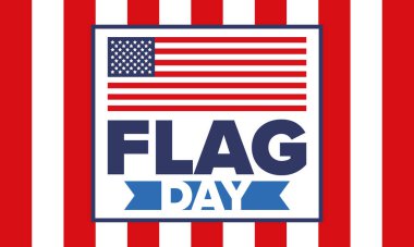 ABD 'de Ulusal Bayrak Günü. ABD 'de yıllık 14 Haziran tatili kutlandı. Amerikan bayrağıyla vatansever tarzı tasarım. Poster, tebrik kartı, afiş ve geçmiş. Vektör illüstrasyonu