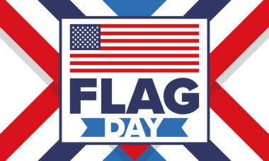 ABD 'de Ulusal Bayrak Günü. ABD 'de yıllık 14 Haziran tatili kutlandı. Amerikan bayrağıyla vatansever tarzı tasarım. Poster, tebrik kartı, afiş ve geçmiş. Vektör illüstrasyonu