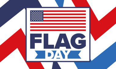 ABD 'de Ulusal Bayrak Günü. ABD 'de yıllık 14 Haziran tatili kutlandı. Amerikan bayrağıyla vatansever tarzı tasarım. Poster, tebrik kartı, afiş ve geçmiş. Vektör illüstrasyonu