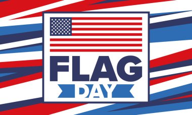 ABD 'de Ulusal Bayrak Günü. ABD 'de yıllık 14 Haziran tatili kutlandı. Amerikan bayrağıyla vatansever tarzı tasarım. Poster, tebrik kartı, afiş ve geçmiş. Vektör illüstrasyonu