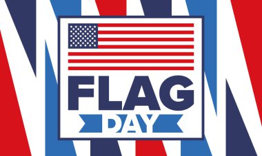 ABD 'de Ulusal Bayrak Günü. ABD 'de yıllık 14 Haziran tatili kutlandı. Amerikan bayrağıyla vatansever tarzı tasarım. Poster, tebrik kartı, afiş ve geçmiş. Vektör illüstrasyonu