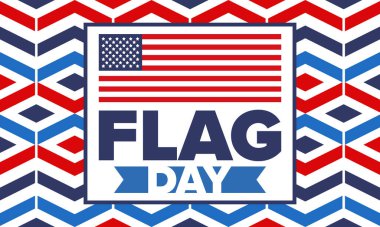 ABD 'de Ulusal Bayrak Günü. ABD 'de yıllık 14 Haziran tatili kutlandı. Amerikan bayrağıyla vatansever tarzı tasarım. Poster, tebrik kartı, afiş ve geçmiş. Vektör illüstrasyonu