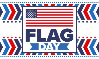 ABD 'de Ulusal Bayrak Günü. ABD 'de yıllık 14 Haziran tatili kutlandı. Amerikan bayrağıyla vatansever tarzı tasarım. Poster, tebrik kartı, afiş ve geçmiş. Vektör illüstrasyonu
