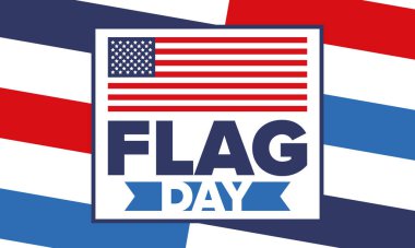 ABD 'de Ulusal Bayrak Günü. ABD 'de yıllık 14 Haziran tatili kutlandı. Amerikan bayrağıyla vatansever tarzı tasarım. Poster, tebrik kartı, afiş ve geçmiş. Vektör illüstrasyonu