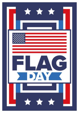 ABD 'de Ulusal Bayrak Günü. ABD 'de yıllık 14 Haziran tatili kutlandı. Amerikan bayrağıyla vatansever tarzı tasarım. Poster, tebrik kartı, afiş ve geçmiş. Vektör illüstrasyonu