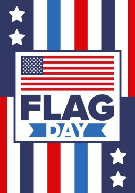 ABD 'de Ulusal Bayrak Günü. ABD 'de yıllık 14 Haziran tatili kutlandı. Amerikan bayrağıyla vatansever tarzı tasarım. Poster, tebrik kartı, afiş ve geçmiş. Vektör illüstrasyonu