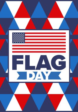 ABD 'de Ulusal Bayrak Günü. ABD 'de yıllık 14 Haziran tatili kutlandı. Amerikan bayrağıyla vatansever tarzı tasarım. Poster, tebrik kartı, afiş ve geçmiş. Vektör illüstrasyonu