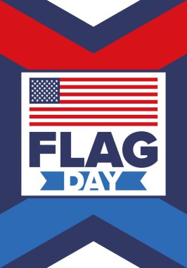 ABD 'de Ulusal Bayrak Günü. ABD 'de yıllık 14 Haziran tatili kutlandı. Amerikan bayrağıyla vatansever tarzı tasarım. Poster, tebrik kartı, afiş ve geçmiş. Vektör illüstrasyonu