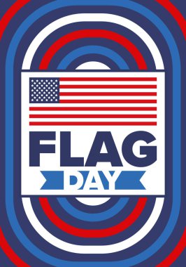 ABD 'de Ulusal Bayrak Günü. ABD 'de yıllık 14 Haziran tatili kutlandı. Amerikan bayrağıyla vatansever tarzı tasarım. Poster, tebrik kartı, afiş ve geçmiş. Vektör illüstrasyonu