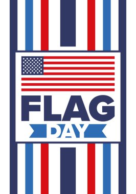 ABD 'de Ulusal Bayrak Günü. ABD 'de yıllık 14 Haziran tatili kutlandı. Amerikan bayrağıyla vatansever tarzı tasarım. Poster, tebrik kartı, afiş ve geçmiş. Vektör illüstrasyonu