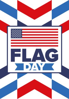 ABD 'de Ulusal Bayrak Günü. ABD 'de yıllık 14 Haziran tatili kutlandı. Amerikan bayrağıyla vatansever tarzı tasarım. Poster, tebrik kartı, afiş ve geçmiş. Vektör illüstrasyonu