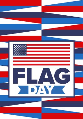 ABD 'de Ulusal Bayrak Günü. ABD 'de yıllık 14 Haziran tatili kutlandı. Amerikan bayrağıyla vatansever tarzı tasarım. Poster, tebrik kartı, afiş ve geçmiş. Vektör illüstrasyonu