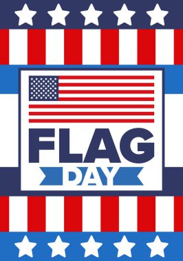 ABD 'de Ulusal Bayrak Günü. ABD 'de yıllık 14 Haziran tatili kutlandı. Amerikan bayrağıyla vatansever tarzı tasarım. Poster, tebrik kartı, afiş ve geçmiş. Vektör illüstrasyonu