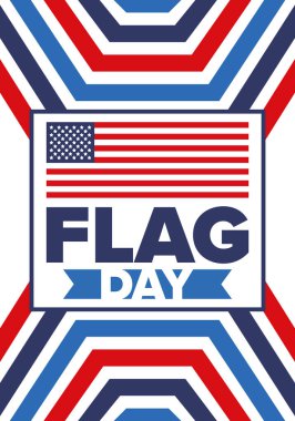 ABD 'de Ulusal Bayrak Günü. ABD 'de yıllık 14 Haziran tatili kutlandı. Amerikan bayrağıyla vatansever tarzı tasarım. Poster, tebrik kartı, afiş ve geçmiş. Vektör illüstrasyonu