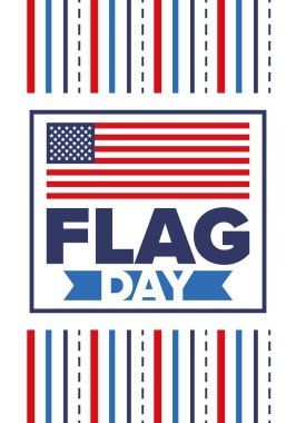 ABD 'de Ulusal Bayrak Günü. ABD 'de yıllık 14 Haziran tatili kutlandı. Amerikan bayrağıyla vatansever tarzı tasarım. Poster, tebrik kartı, afiş ve geçmiş. Vektör illüstrasyonu