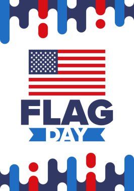 ABD 'de Ulusal Bayrak Günü. ABD 'de yıllık 14 Haziran tatili kutlandı. Amerikan bayrağıyla vatansever tarzı tasarım. Poster, tebrik kartı, afiş ve geçmiş. Vektör illüstrasyonu