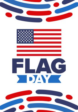 ABD 'de Ulusal Bayrak Günü. ABD 'de yıllık 14 Haziran tatili kutlandı. Amerikan bayrağıyla vatansever tarzı tasarım. Poster, tebrik kartı, afiş ve geçmiş. Vektör illüstrasyonu