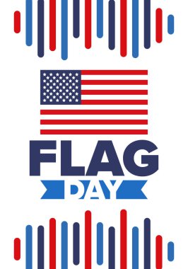 ABD 'de Ulusal Bayrak Günü. ABD 'de yıllık 14 Haziran tatili kutlandı. Amerikan bayrağıyla vatansever tarzı tasarım. Poster, tebrik kartı, afiş ve geçmiş. Vektör illüstrasyonu