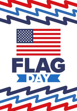 ABD 'de Ulusal Bayrak Günü. ABD 'de yıllık 14 Haziran tatili kutlandı. Amerikan bayrağıyla vatansever tarzı tasarım. Poster, tebrik kartı, afiş ve geçmiş. Vektör illüstrasyonu