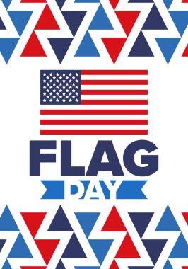 ABD 'de Ulusal Bayrak Günü. ABD 'de yıllık 14 Haziran tatili kutlandı. Amerikan bayrağıyla vatansever tarzı tasarım. Poster, tebrik kartı, afiş ve geçmiş. Vektör illüstrasyonu