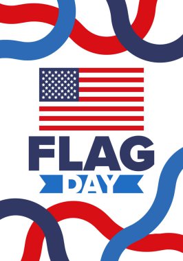 ABD 'de Ulusal Bayrak Günü. ABD 'de yıllık 14 Haziran tatili kutlandı. Amerikan bayrağıyla vatansever tarzı tasarım. Poster, tebrik kartı, afiş ve geçmiş. Vektör illüstrasyonu