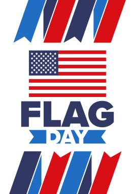 ABD 'de Ulusal Bayrak Günü. ABD 'de yıllık 14 Haziran tatili kutlandı. Amerikan bayrağıyla vatansever tarzı tasarım. Poster, tebrik kartı, afiş ve geçmiş. Vektör illüstrasyonu