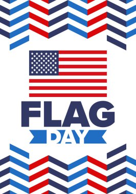 ABD 'de Ulusal Bayrak Günü. ABD 'de yıllık 14 Haziran tatili kutlandı. Amerikan bayrağıyla vatansever tarzı tasarım. Poster, tebrik kartı, afiş ve geçmiş. Vektör illüstrasyonu