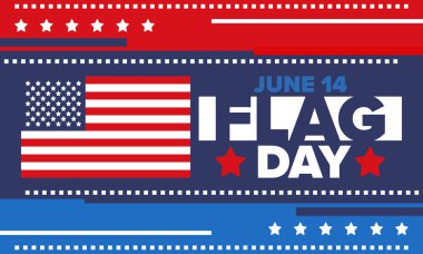 ABD 'de Ulusal Bayrak Günü. ABD 'de yıllık 14 Haziran tatili kutlandı. Amerikan bayrağıyla vatansever tarzı tasarım. Poster, tebrik kartı, afiş ve geçmiş. Vektör illüstrasyonu
