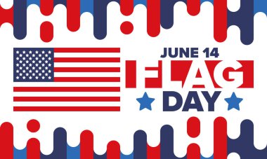 ABD 'de Ulusal Bayrak Günü. ABD 'de yıllık 14 Haziran tatili kutlandı. Amerikan bayrağıyla vatansever tarzı tasarım. Poster, tebrik kartı, afiş ve geçmiş. Vektör illüstrasyonu