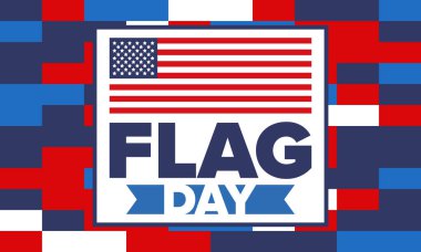 ABD 'de Ulusal Bayrak Günü. ABD 'de yıllık 14 Haziran tatili kutlandı. Amerikan bayrağıyla vatansever tarzı tasarım. Poster, tebrik kartı, afiş ve geçmiş. Vektör illüstrasyonu