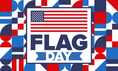 ABD 'de Ulusal Bayrak Günü. ABD 'de yıllık 14 Haziran tatili kutlandı. Amerikan bayrağıyla vatansever tarzı tasarım. Poster, tebrik kartı, afiş ve geçmiş. Vektör illüstrasyonu