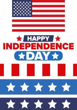 Amerika Birleşik Devletleri 'nde Bağımsızlık Günü. 4 Temmuz 'da. Ulusal bayramın kutlu olsun, 4 Temmuz 'da kutlandı. Amerikan bayrağı. Ülke özgürlüğü günü. Vatansever olay tasarımı. Vektör posteri