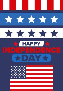 Amerika Birleşik Devletleri 'nde Bağımsızlık Günü. 4 Temmuz 'da. Ulusal bayramın kutlu olsun, 4 Temmuz 'da kutlandı. Amerikan bayrağı. Ülke özgürlüğü günü. Vatansever olay tasarımı. Vektör posteri