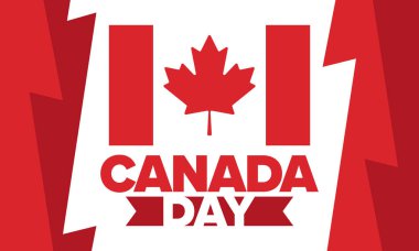 Kanada Günü. Ulusal bayramın kutlu olsun, her yıl 1 Temmuz 'da kutlanıyor. Kanada bayrağı. Akçaağaç yaprağı. Vatanseverlik sembolü ve unsurları. Poster, kart, afiş ve geçmiş. Vektör illüstrasyonu