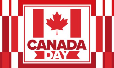 Kanada Günü. Ulusal bayramın kutlu olsun, her yıl 1 Temmuz 'da kutlanıyor. Kanada bayrağı. Akçaağaç yaprağı. Vatanseverlik sembolü ve unsurları. Poster, kart, afiş ve geçmiş. Vektör illüstrasyonu